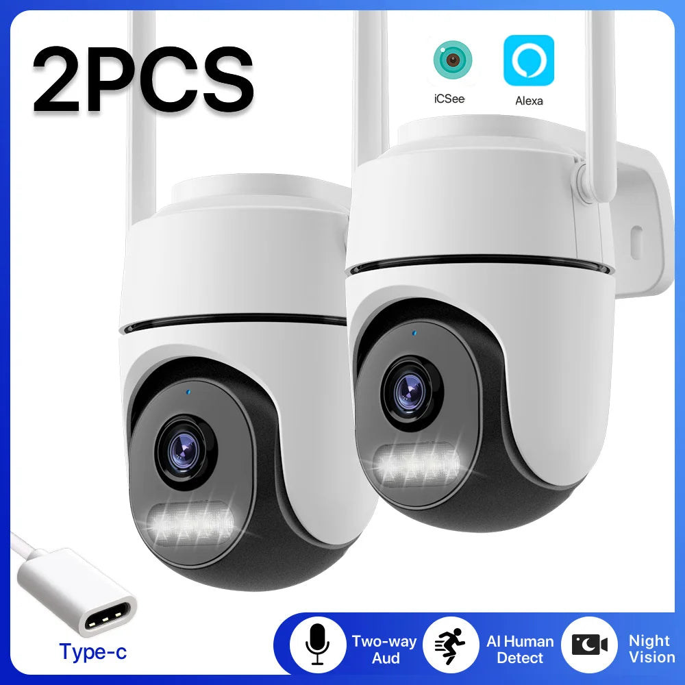 2pcs Quantity 4MP HD IP Camera PTZ WiFi Camera Video Surveillance Home Security Protection Alarm Motion Type-C Detection iCsee