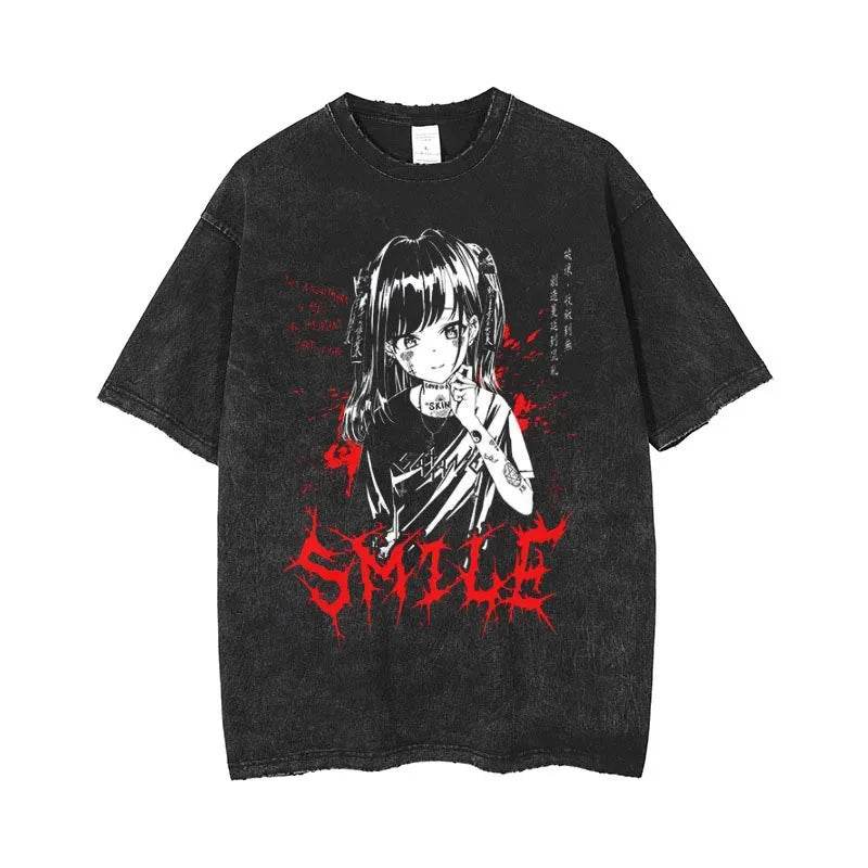 Anime Men's T Shirts Gothic Printed T-Shirt Hip Hop Streetwear Punk Summer Vintage Washed Oversized Tops Men Clothing - AIAZ