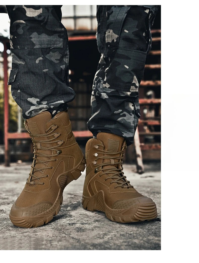 Outdoor Hiking Shoes Men Casual Combat Boots Men Breathable Wear-resistant Anti-slip Flat Comfortable High-top Boots Men