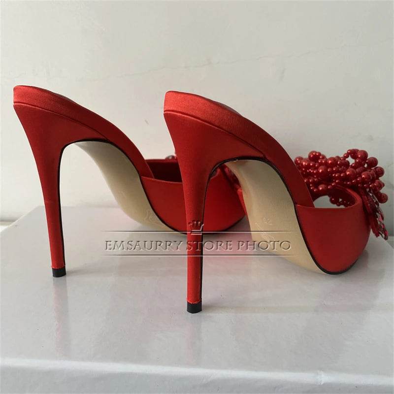 Crystal Beads Flower Decor Sandals Women 10cm Stiletto Heel Slingbacks Luxury Satin Summer Mules For Girls - AIAZ