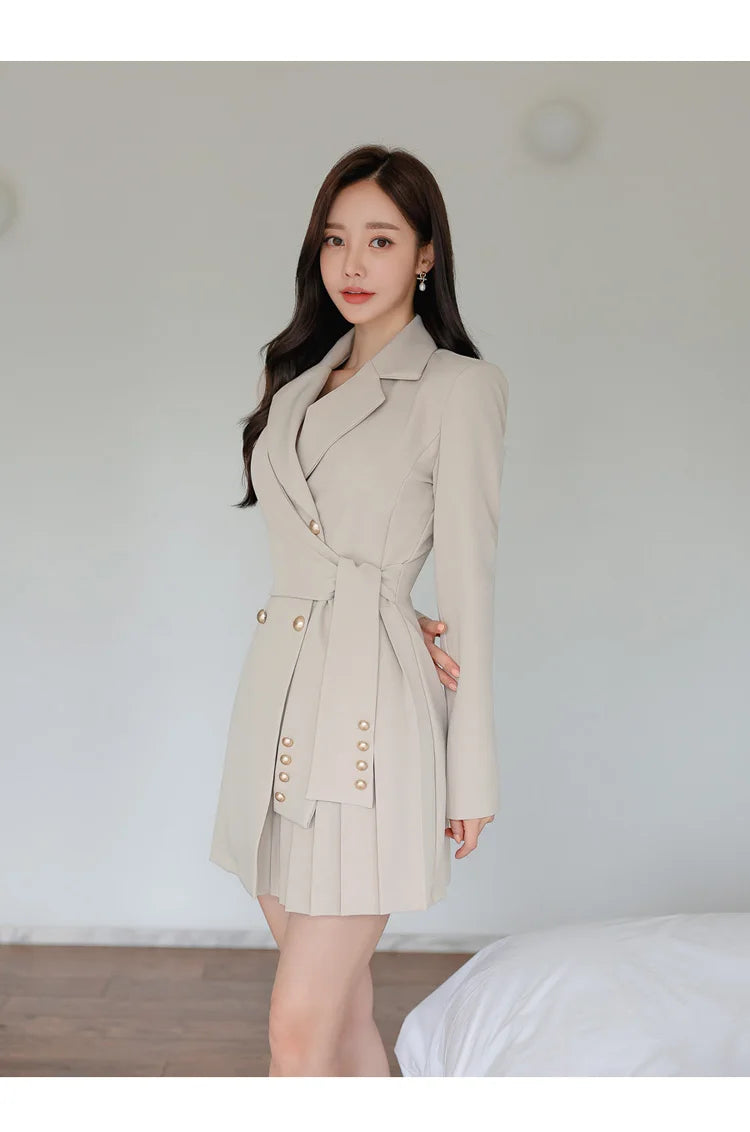 H Han Queen Autumn Winter Dresses Korean Lace-Up Professional Jacket Vestido Elegant Fashion Slim Office Party Casual Dress