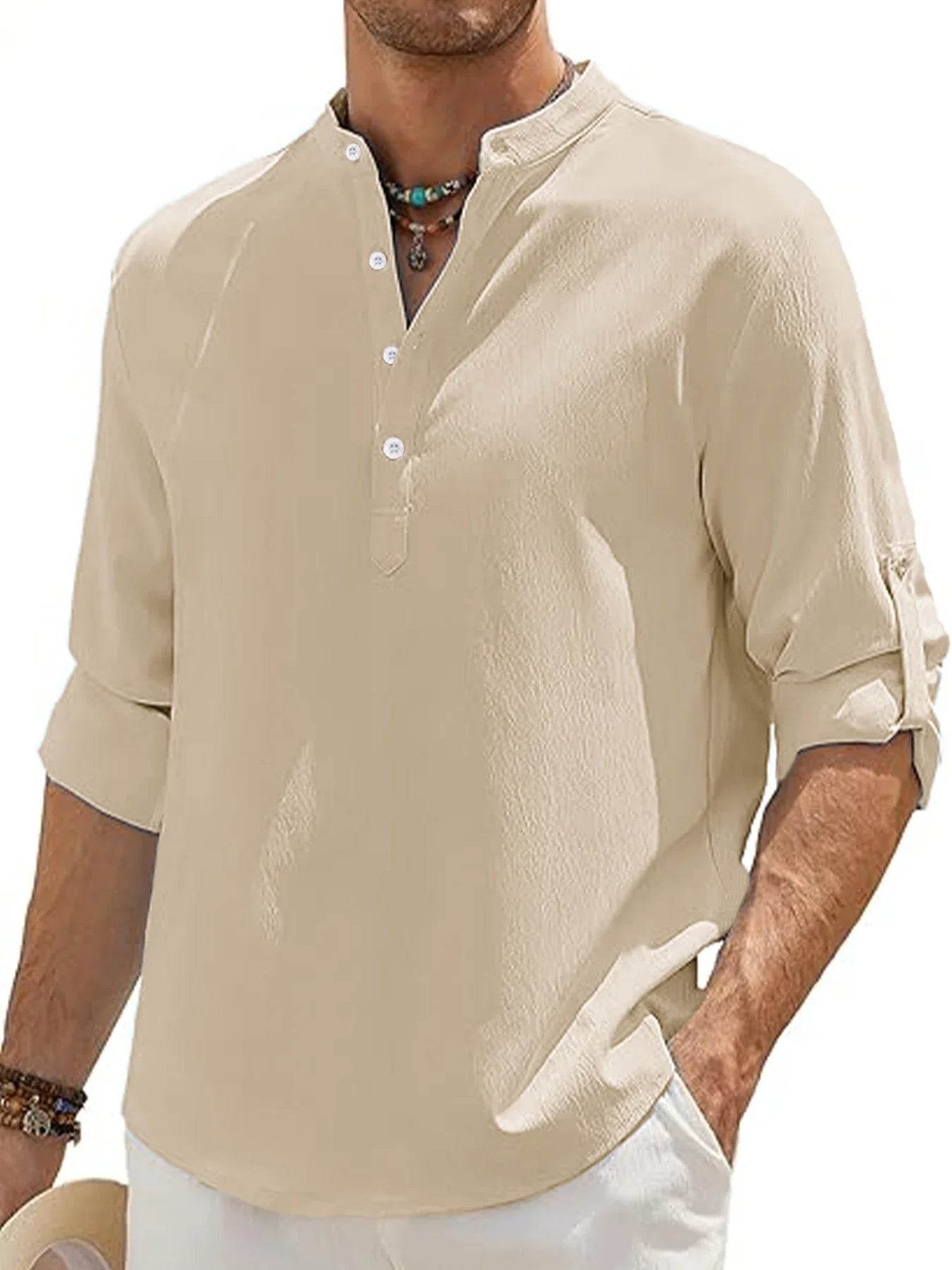 Men's Linen Shirt Summer 2025 Casual Short Sleeve Breathable Stand Collar Loose Fit Trendy Solid Color Youth Top with Pocket - AIAZ