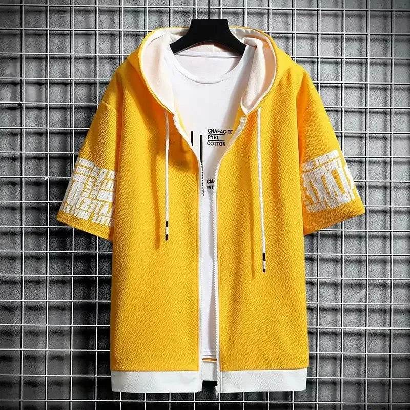 Fashion Men's Hoodies Summer Men Clothing T-shirt Zipper Hood Cartoon Casual T Shirt Print Hooded Top Short Sleeve Men - AIAZ