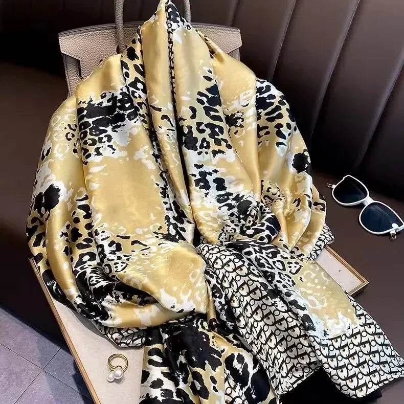 New Summer Women's Silk Scarf Sun Protection Satin Print Extra Long Beach Cover Up Decorative Mom's Shawl Fashionable Accessory - AIAZ
