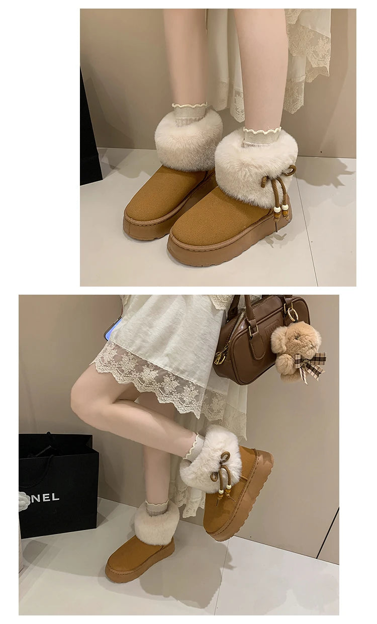 Large size women's shoes Icelandic snow boots women's winter plush cute cream short tube warm fluffy boots cotton shoes