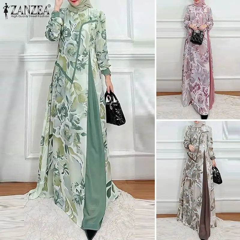ZANZEA Muslim Fashion Floral Print Maxi Dress Women Elegant Fake Two-Piece Patchwork Abaya Vestidos Islamic Long Sleeve Robes - AIAZ