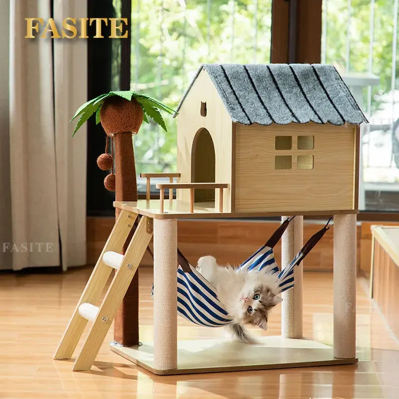 Luxury Cat House Two-Storey Villa Pet Cat Beds Hammock Coconut Tree House Wooden Pet Condos With Stairway Cat Scratching Posts