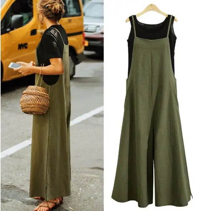 Women Straps Jumpsuit Summer Solid Color Wide Leg Pants Dungaree Bib Overalls Casual Loose Sleeveless Cotton Linen Jumpsuits 5Xl - AIAZ