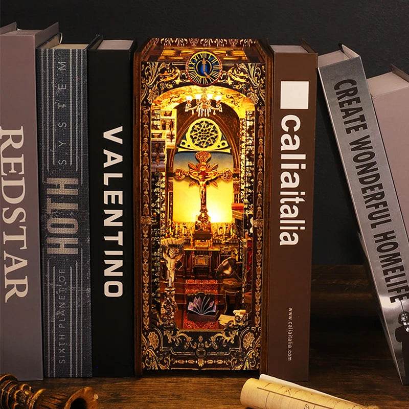 DIY Book Nook Shelf Insert Kit 3D Wooden Puzzle Doll House Assembly Building Model Bookends With Furniture LED Light Xmas Gifts - AIAZ