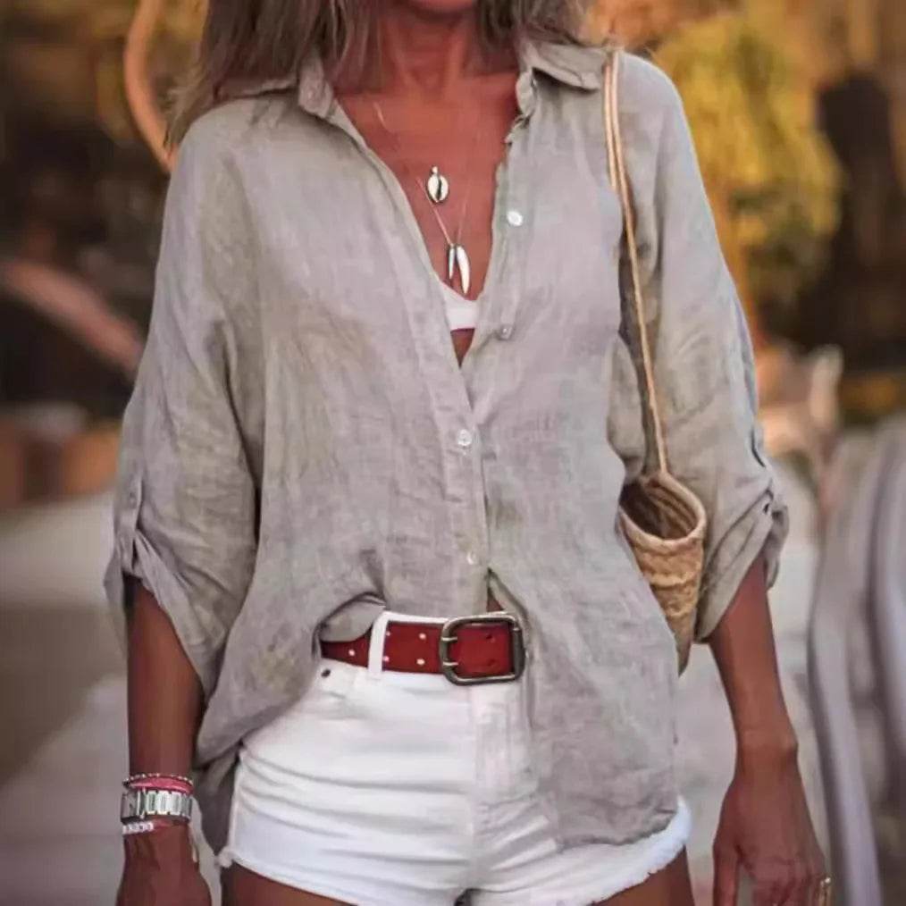 Women Cotton Linen Blouse Shirt Summer Female Turn Down Collar Three Quarter Loose Blouse Tops Woman shirts & blouses - AIAZ