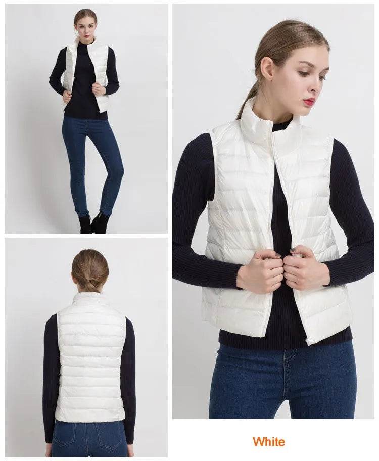 0-10℃ Women Vests Autumn Winter Ultra Light Duck Down Vest Female Slim Sleeveless Jacket Windproof Warm Puffer Waistcoat 4XL - AIAZ