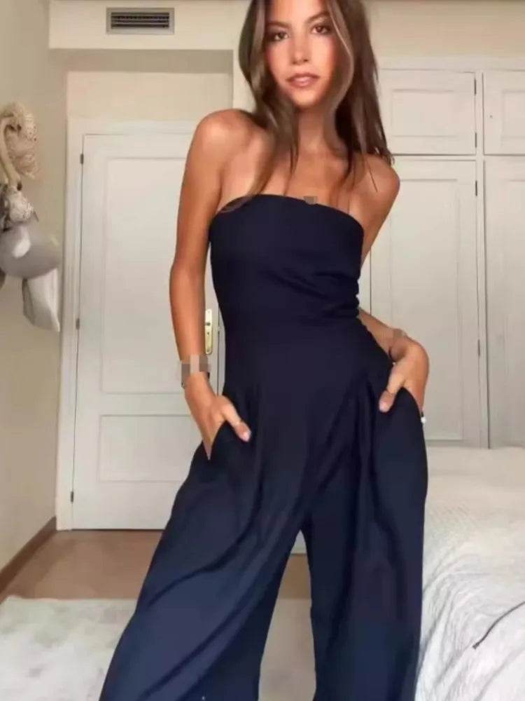 Summer Women Jumpsuit Fashion Strapless Solid Color Sleeveless Bandeau Loose Wide Legs Pants Casua Romper High Streetwear - AIAZ