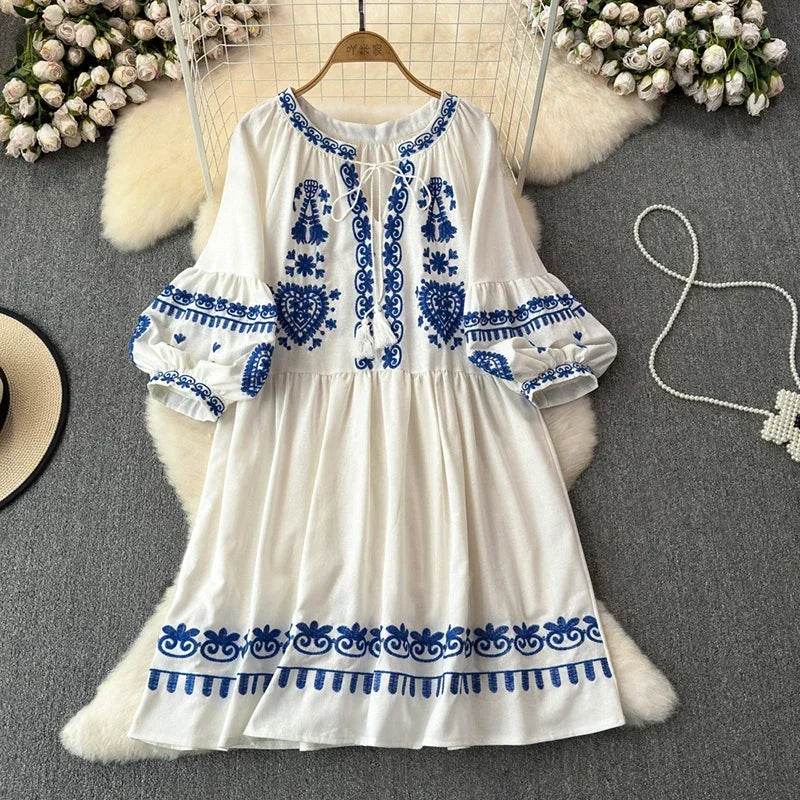 Women's Spring Summer Dress Bohemian Retro Ethnic Style Diamond Cotton Linen Blend Embroidered Lantern Sleeves Mini Dress A20 - AIAZ