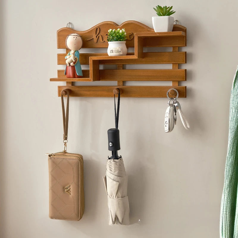 Entrance Wall Hangers Key Holder Solid Wood Storage Rack Door Wall  Wall Hooks Key Hanger Plants Pot Storage Shelf Home Decor