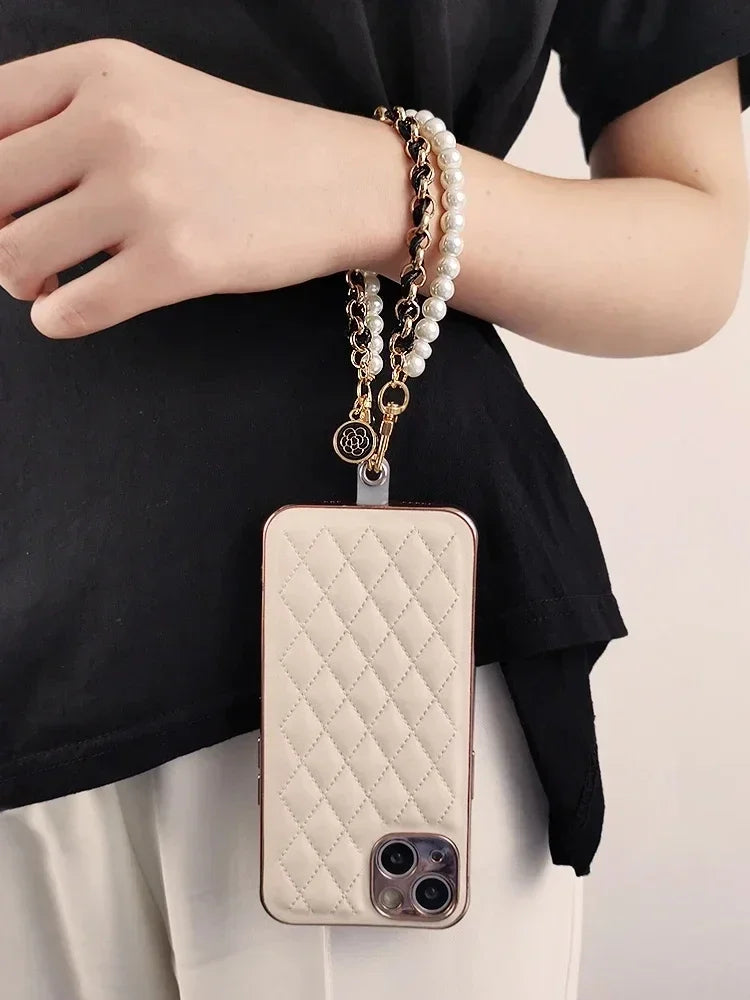 26cm Leather Pearl Camellia Mobile Phone Charm Bracelet Chain Anti-lost Universal Cell Phone Strap Rope Pendant Metal Key Chain