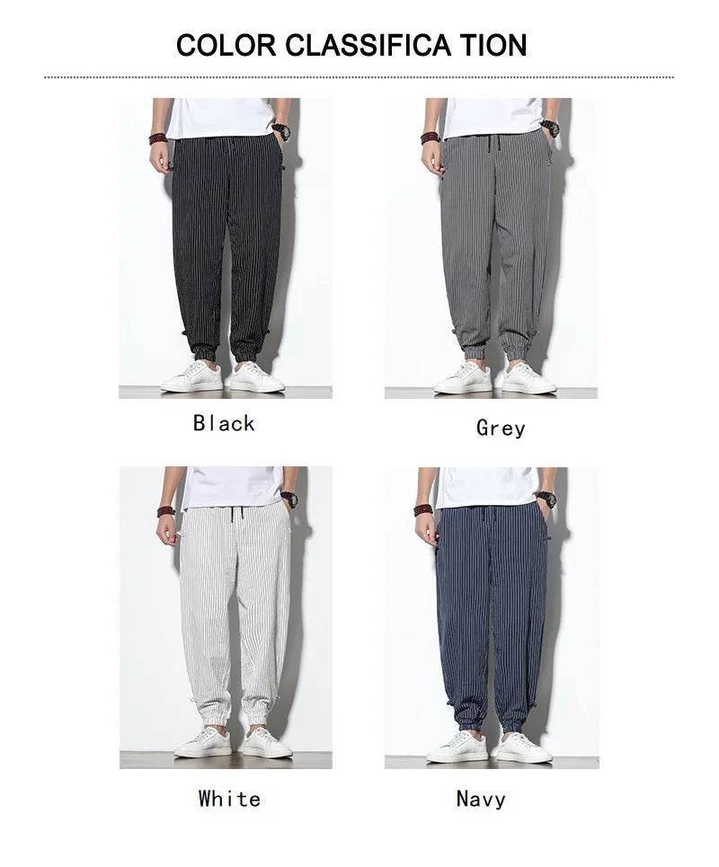 Four Seasons Men Disc Buckle Striped Harem Pants Breathable Cotton Linen Pencil Pants Buckle Casual Bloomers Fashion Trousers - AIAZ