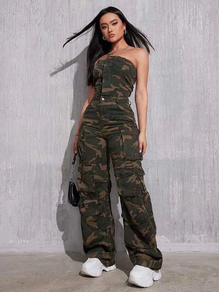 REDDACHiC Camouflage Button Front Denim Tube Jumpsuit Women Retro Y2k Function Pockets Sleeveless One-piece Overalls Work Wear - AIAZ