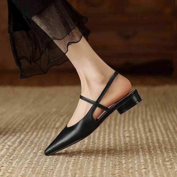 Summer Sandals Sheep Leather Women Shoes Pointed Toe Low Heel Women Pumps Genuine Leather Cover Toe Sandals for Women Handmade - AIAZ