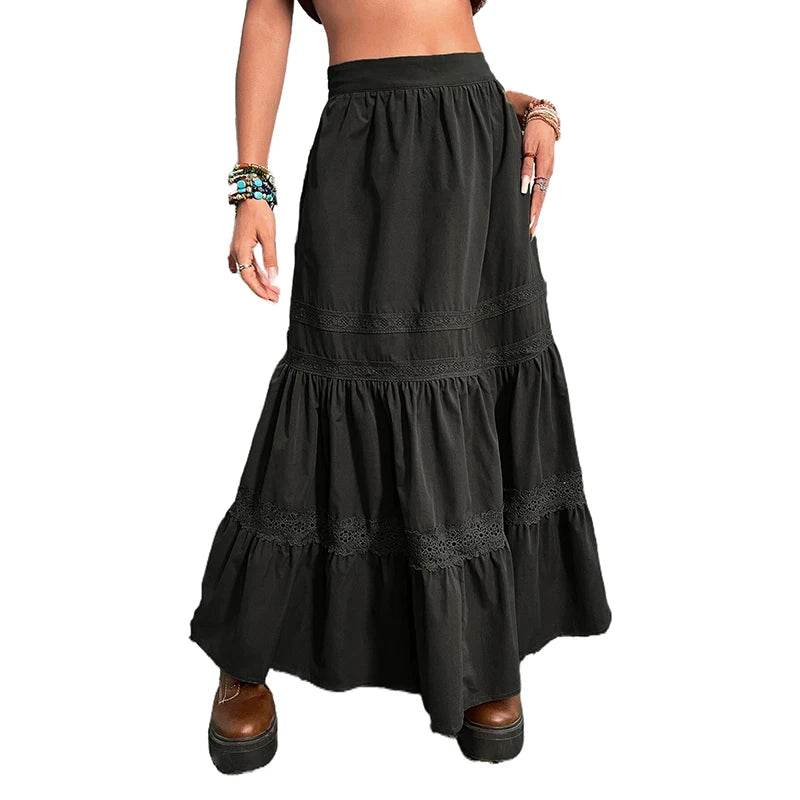 Skirts For Woman Green Pleated Skirts Korean Fashion Holiday Boho Waist Long Skirts Retro Y2K Fairycore Cute Lace Trim Clothes - AIAZ