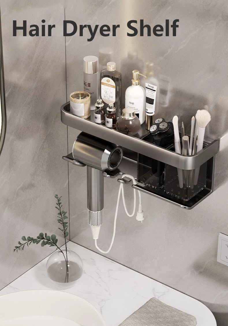 Hair Dryer Holder No punching Wall Mounted Bathroom Shelf Makeup Storage Organizer With Storage Box Aluminum Hair Dryer Rack