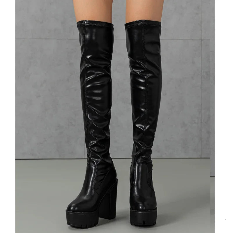 Eilyken Winter Soft Leather Women Over The Knee Boots Fashion Round Toe Square Platform Heels Shoes Sexy Long Booties