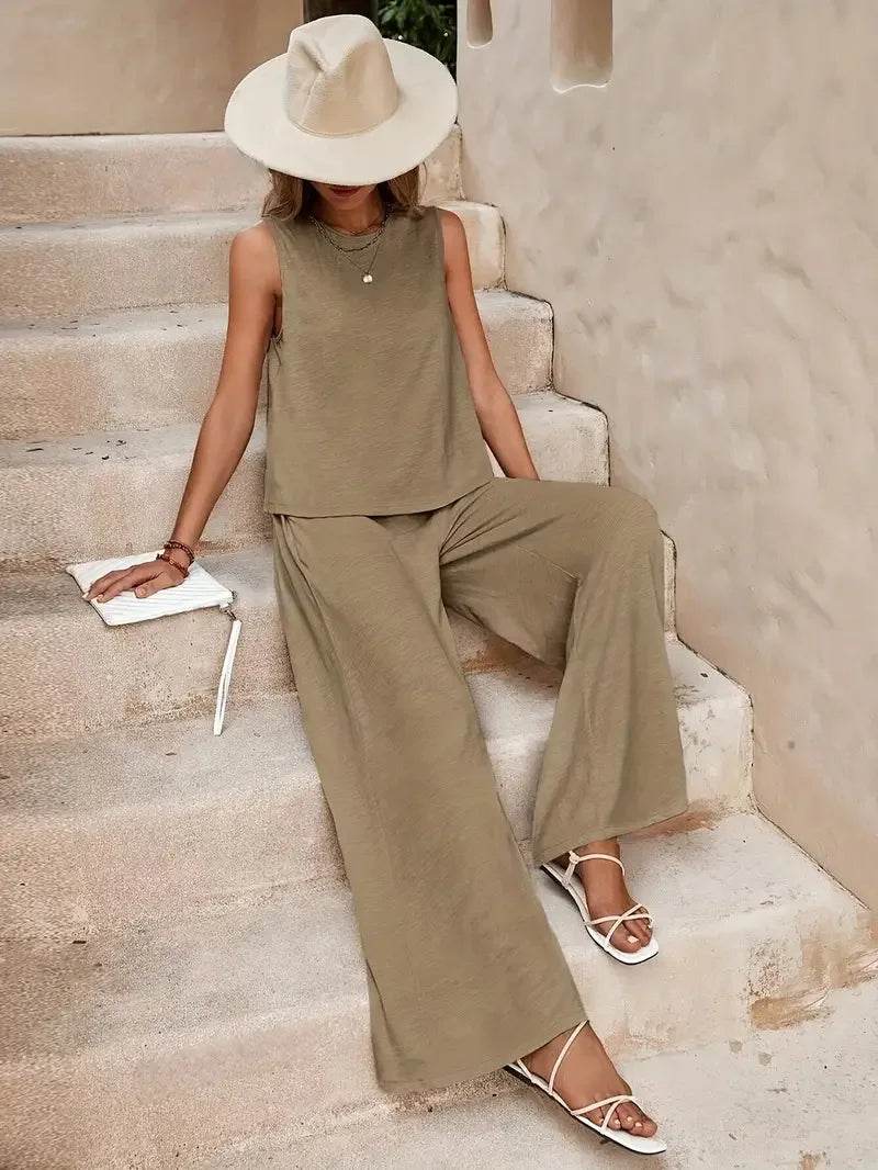 Women's Casual Set Solid Color Elegant Comfortable Round Neck Vest and Wide Leg Pants Two Piece Versatile Comfortable - AIAZ