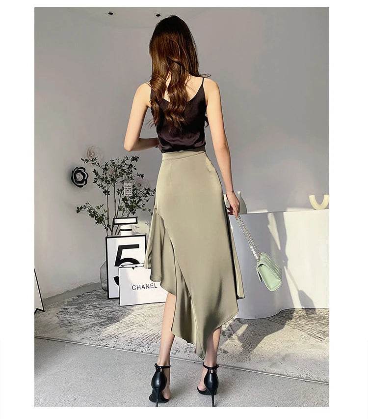 Elegant High Waist Satin Skirts Women Irregular Mermaid Skirt Fashion Streetwear Casual A-Line Skirts Office Lady Long Skirts - AIAZ