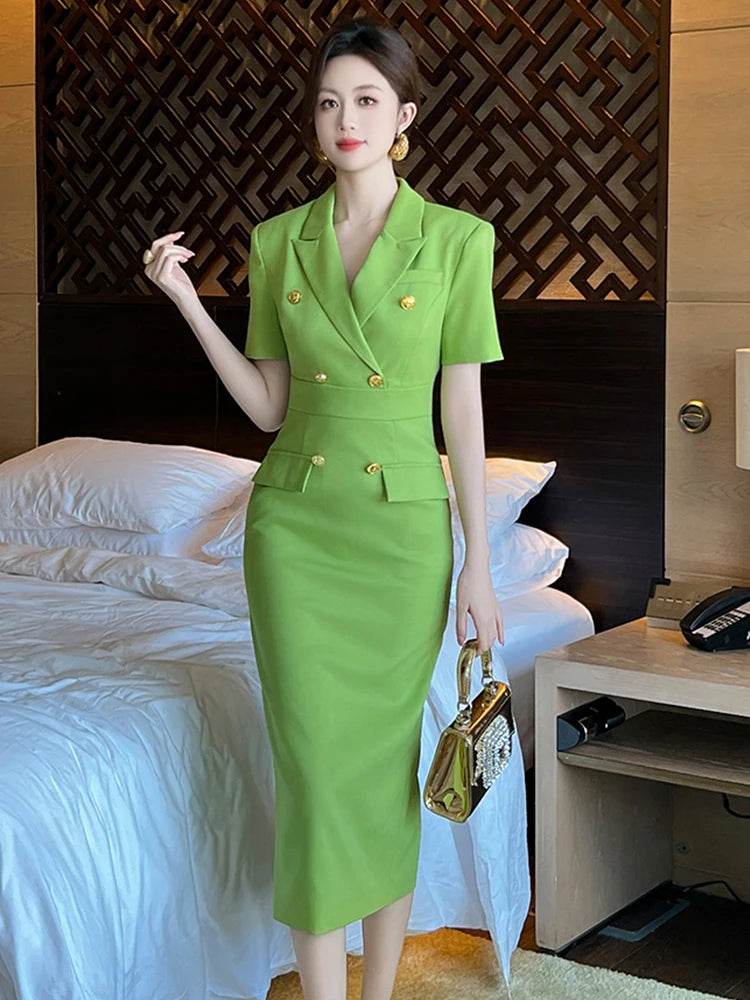 Fashion Elegant Business Dresses Women Clothes Sweet OL Professional Double Breasted Midi Robe Meeting Work Style Party Vestidos - AIAZ