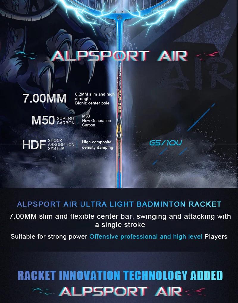 ALPSPORT AIR 10U  Ultralight 52g T800 Badminton Racket Fast Rebound  Lmported MAX 28LBS Carbon fiber + Titanium Badminton Racket