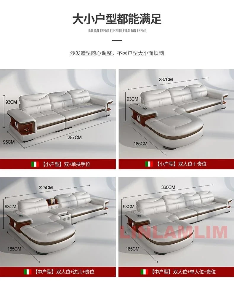 Modern L-Shaped Sectional Sofa with Chaise, Luxury Italian Genuine Leather Couch with adjustable headrest, Storage, USB, Console