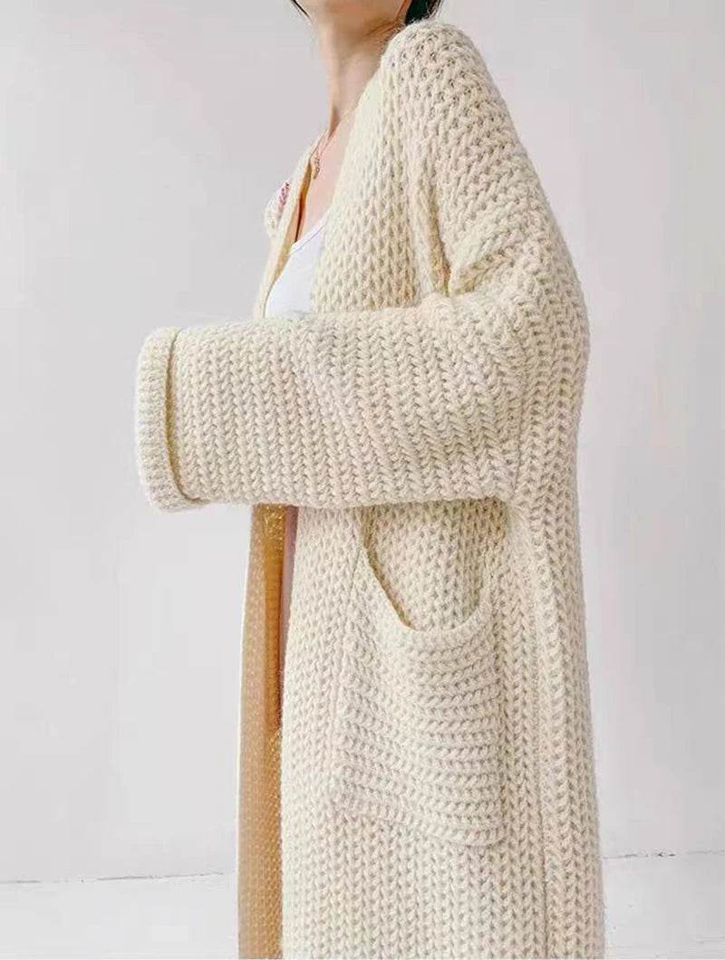 Korean Cardigan Sweater for Women Autumn Winter Loose Lazy Style Female Midi Knit Coats Fashion V Neck Casual Big Pocket Jumpers - AIAZ