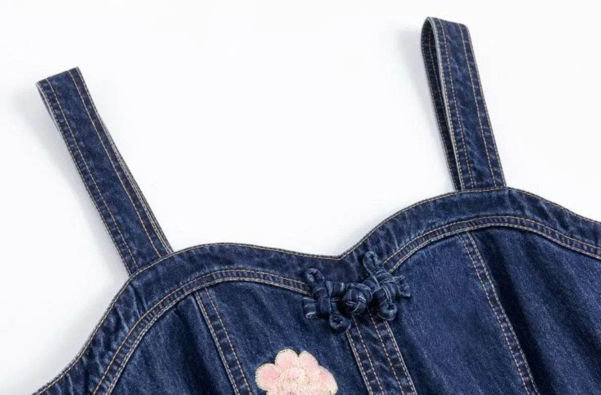 Embroidered Denim Dress For Women Spring Summer 2025 New Retro Versatile Waist Closure Long Denim Strap Dress Mujer Vestidos - AIAZ