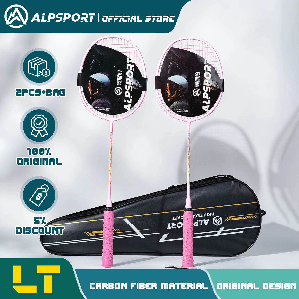 ALP LT 2Pcs/lot 100% Carbon Fiber Elastic 4U 30Lbs Racket Offensive and Defensive Professional Badminton Racket With Bag