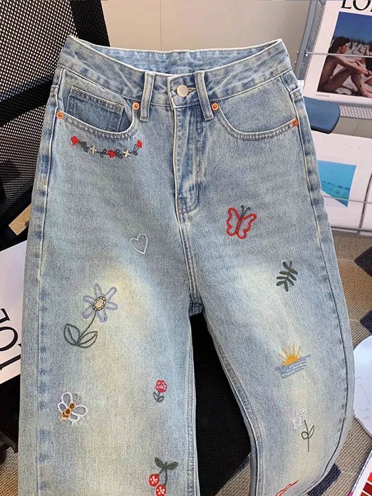 Vintage Embroidered Jeans Trousers For Women Summer 2025 New Korean Fashion High Waist Straight Retro Casual Denim Pants - AIAZ