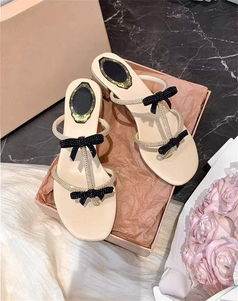 Hlieny Silver Crystal Bowknot Slipper Summer Outdoor Sandal Women Square Low Heel Beach Slip On Flip Flop Slides Shoes Size 40