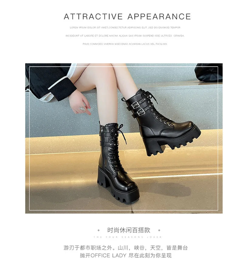 Trend Punk Women's Boots Buckle Platform Boots Mid-calf Gothic Boots for Women Autumn Ladies Motorcycle Boot Pu Leather Shoes