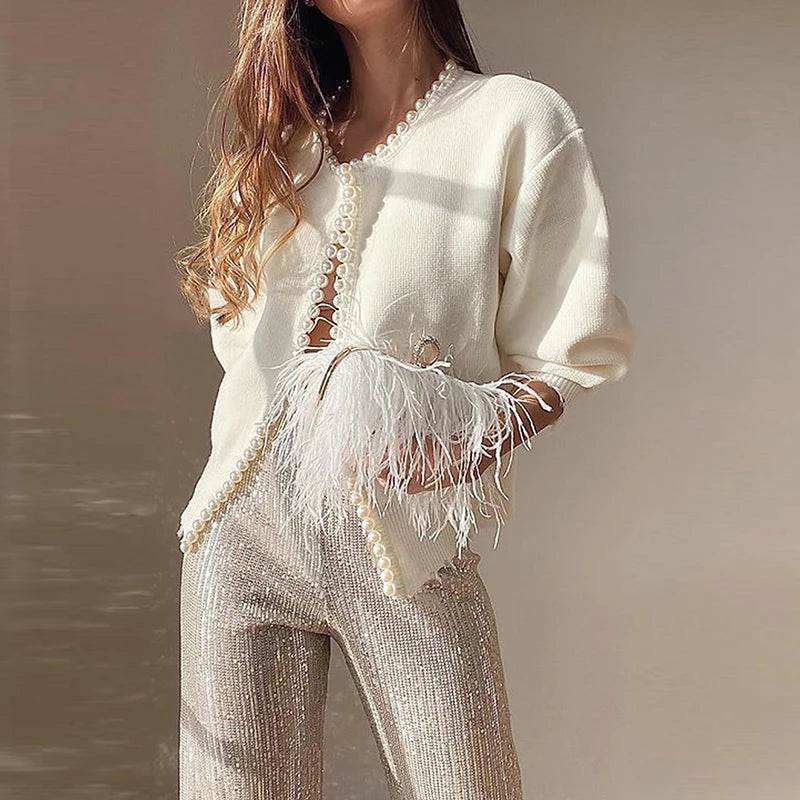 Women Casual Cardigan Sweater Elegant Long Sleeve Knit Sweater With Pearls Elegant White Sweater Coat Jacket - AIAZ