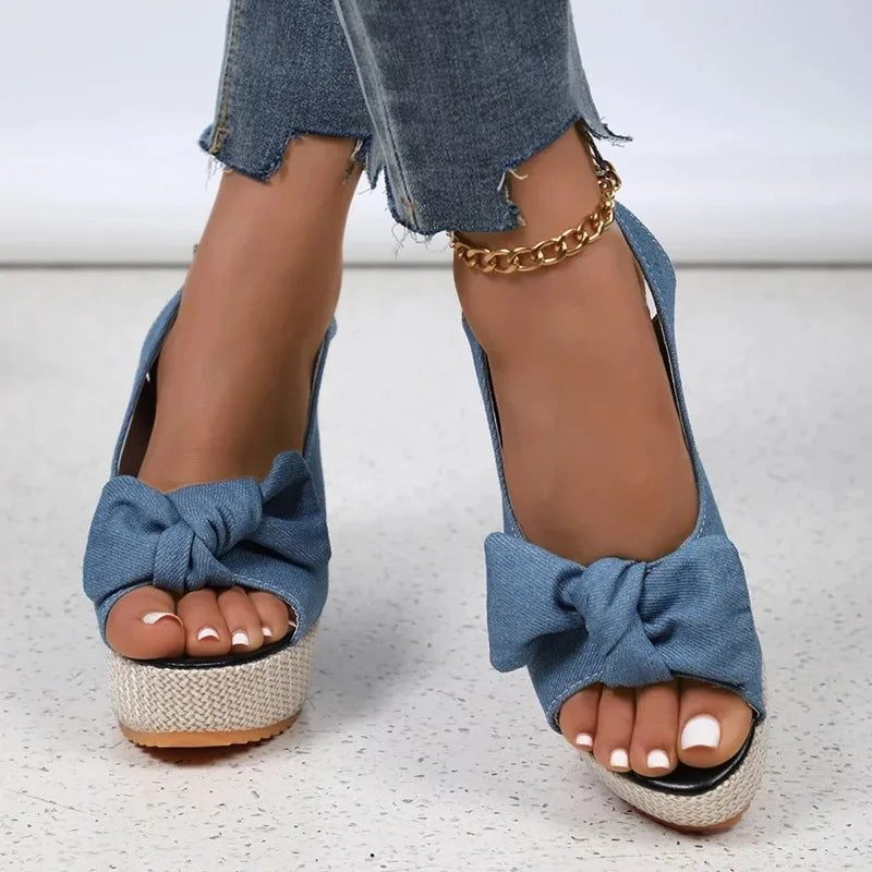 Fashion Bowknot Wedge Heel Sandals for Women Denim Peep Toe Chunky Platform Sandalias Mujer Back Strap High Heel Gladiator Shoes