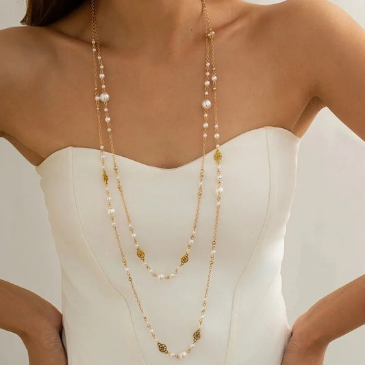 2Pcs/Set Hot Sale Temperament Imitation Pearl Long Chain Necklace for Women Fashion Statement Goth Sweather Link Neck Jewelry