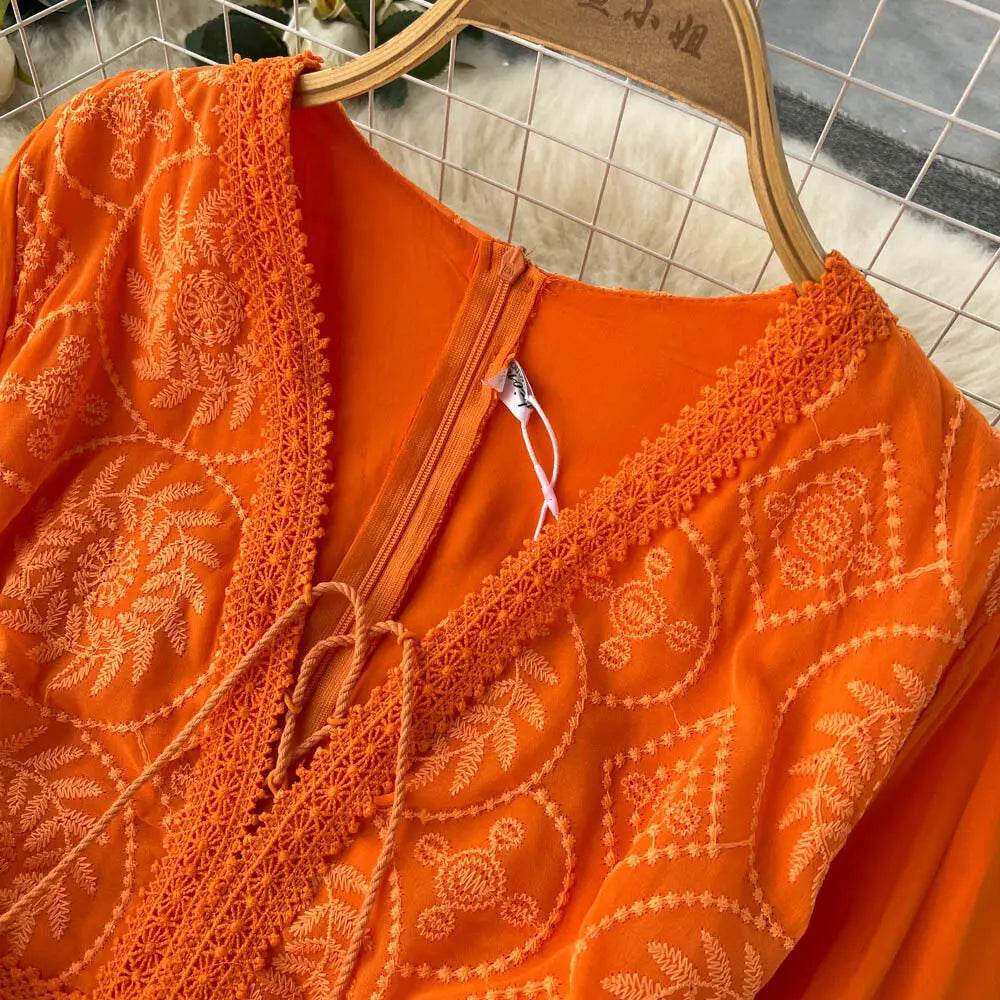 New Women Lantern Sleeved Elegant Dress Summer French Hollowed Out Mid Length Dresses Korean Style Vintage Long Dress - AIAZ