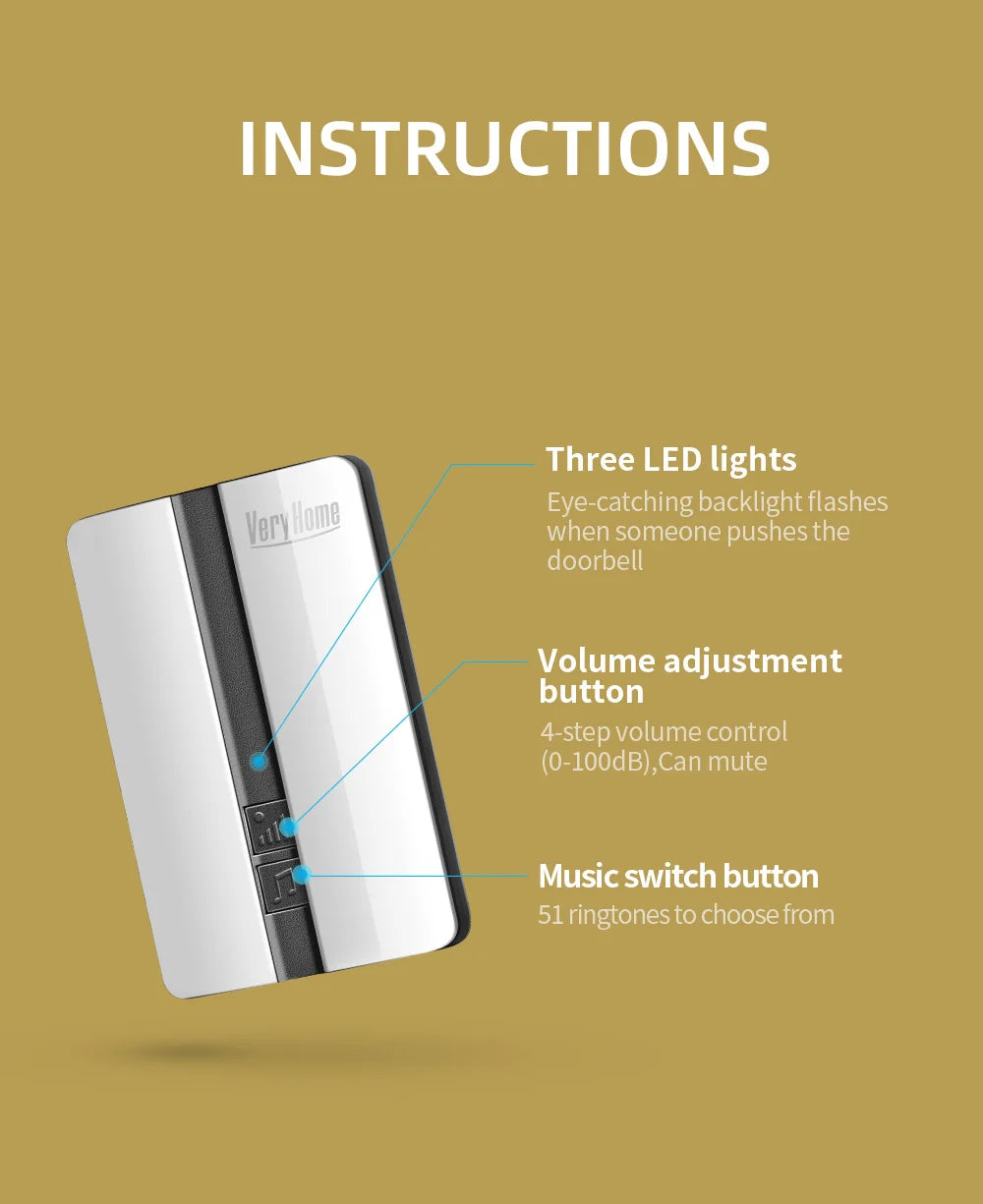 VeryHome Wireless Doorbell Waterproof Self-powered Button Smart Door Bell Sets Home Welcome Outdoor House Chimes  Receiver