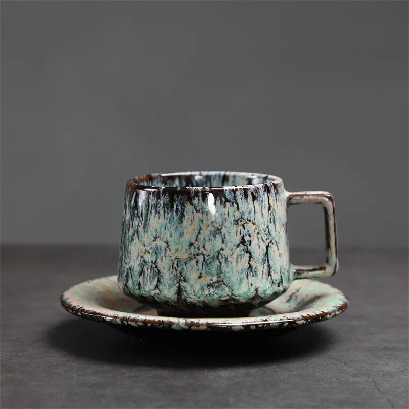 180ML Japanese Espresso Cup and Dish Kiln Transformed Ceramic Cup Retro Coarse Ceramic Mug Living Room Decoration
