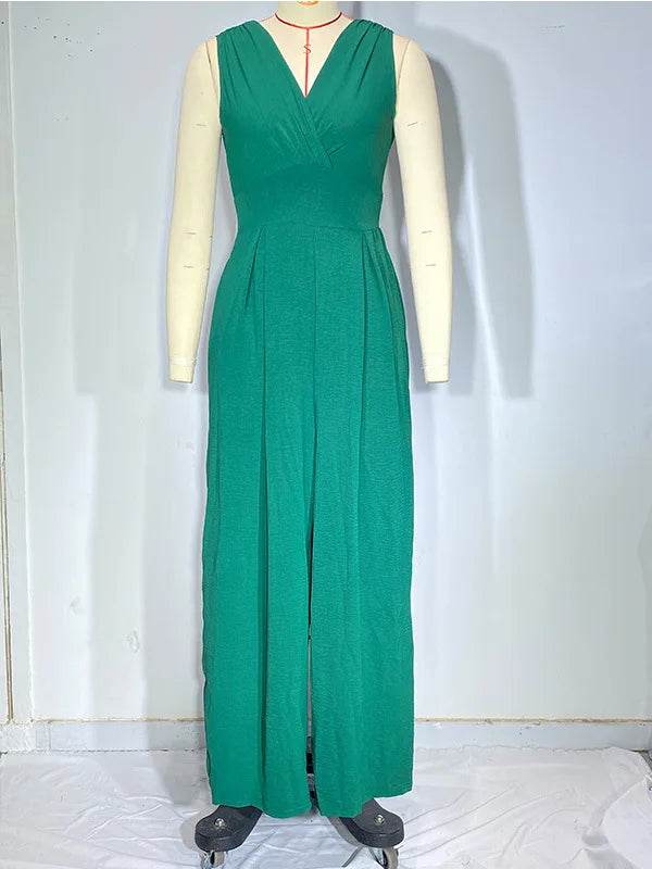 Jumpsuit Women Summer New Sleeveless Sexy Deep V-neck Solid Color High Waist Wide Leg Jumpsuits Elegant Commuting Lady Playsuits - AIAZ