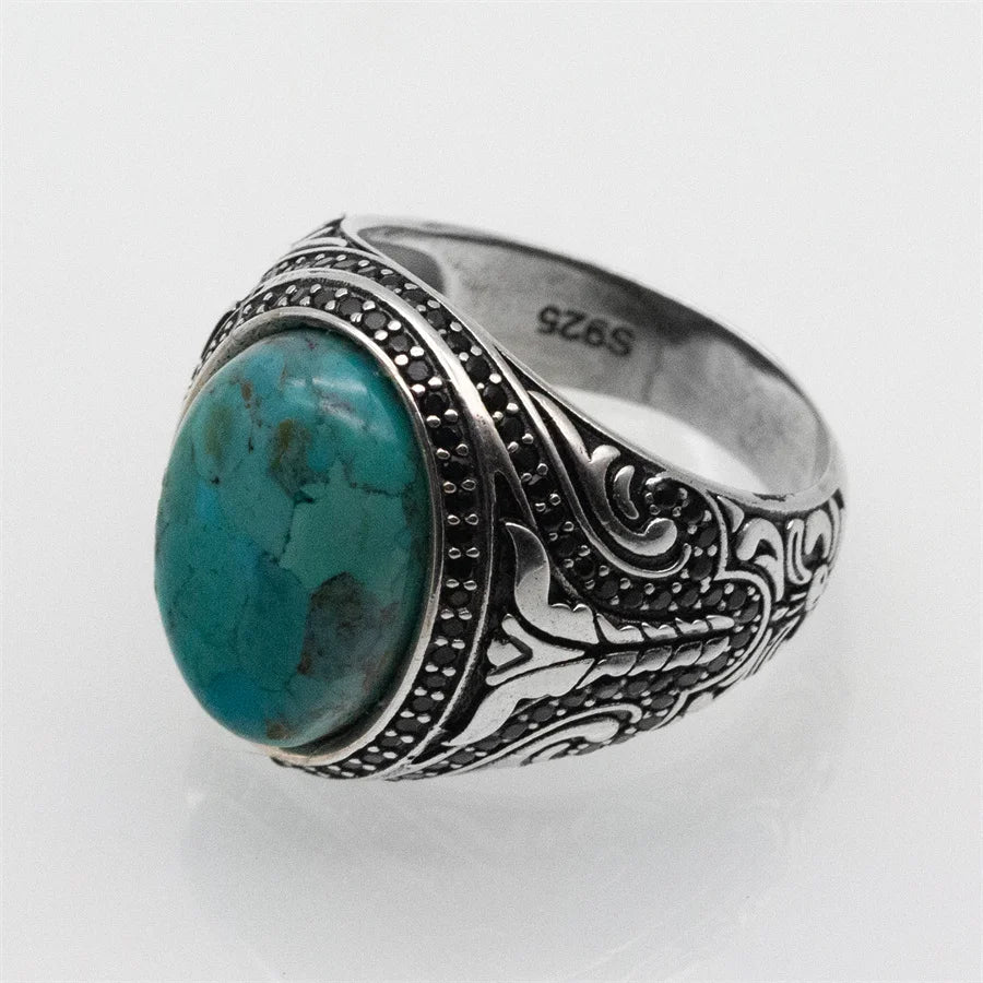 Natural Turquoise Stone Ring Men Pure Sterling Silver 925 Gemstone Ring Men Turkish Handmade Jewelry