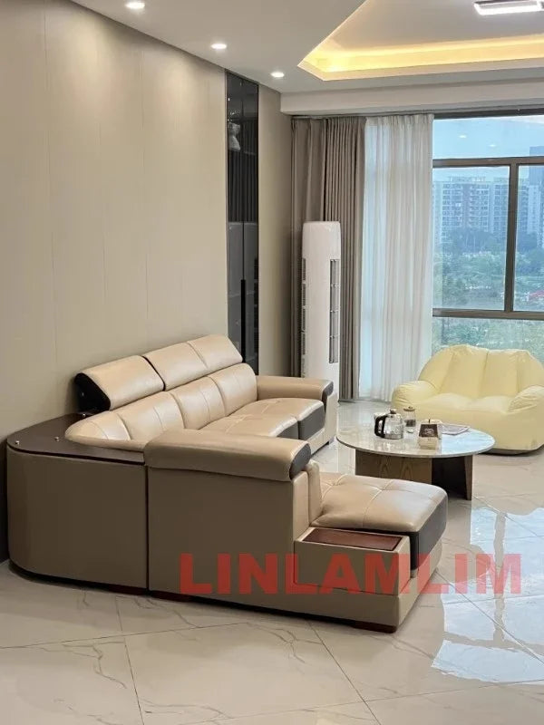 MINGDIBAO Modern Minimalist Genuine Leather Sectional Sofa with Console, Storage and Speaker Italian Leather Living Room Couch