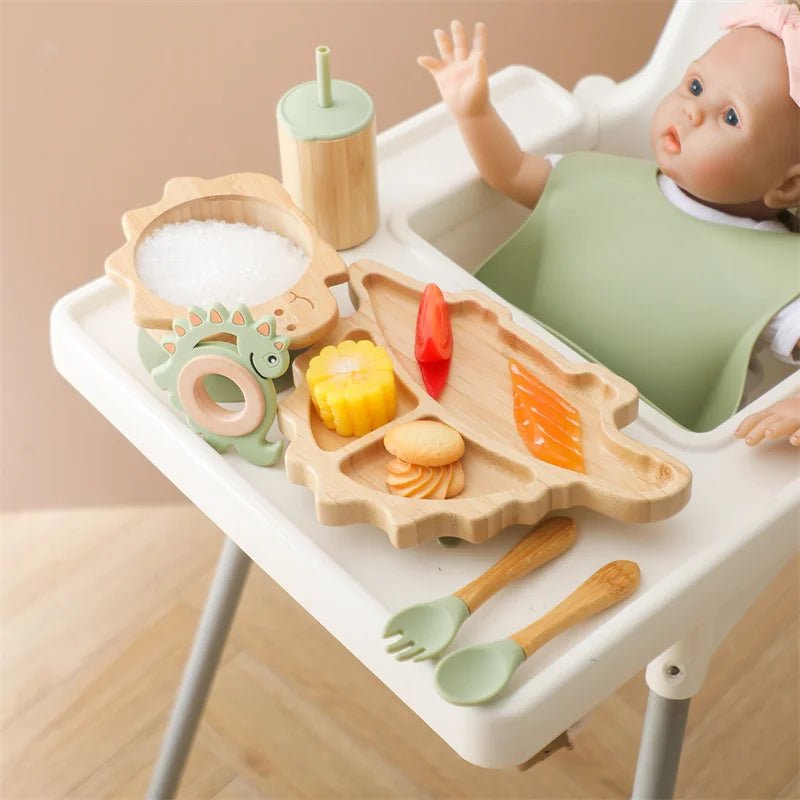 7pcs Silicone Baby Feeding Set Baby Feeding Supplies Kids Bamboo Dinnerware With Cup Children's Dishes Bowl Stuff Tableware Gift