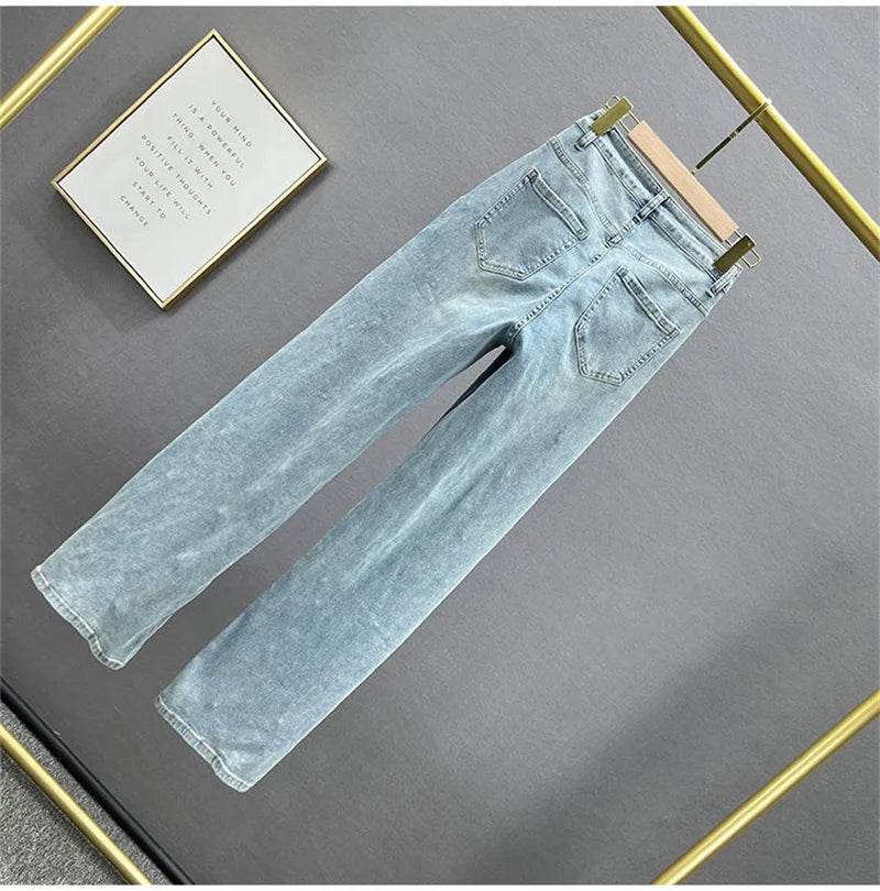 Denim Pants Fashion Beaded Jeans Wide-Leg Pants Female Tide 2025 New Spring And Summer High Waist Loose Mop Pants - AIAZ