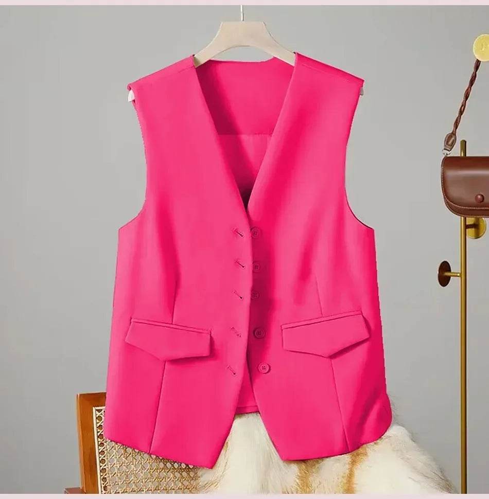 Women Suit Vest Elegant Women's V Neck Business Vest Sleeveless Waistcoat for Office Commute Style Solid Color Single-breasted - AIAZ
