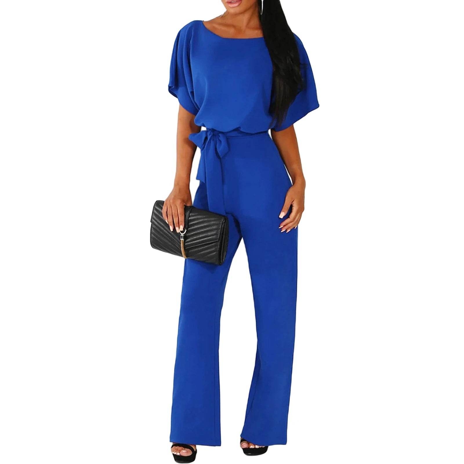 Women's clothing summer 2024 Jumpsuit, Elegant Short Sleeve Hollowed Waist Tie Solid Summer Wide Leg Pants - AIAZ