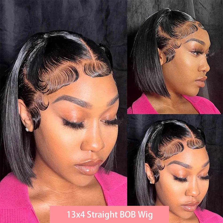 13x4 Straight Lace Frontal Bob Wig Human Hair Transparent 100% Human Hair 4x4 Lace Closure For Women Brazilian Wig 12 14 16 Inch - AIAZ